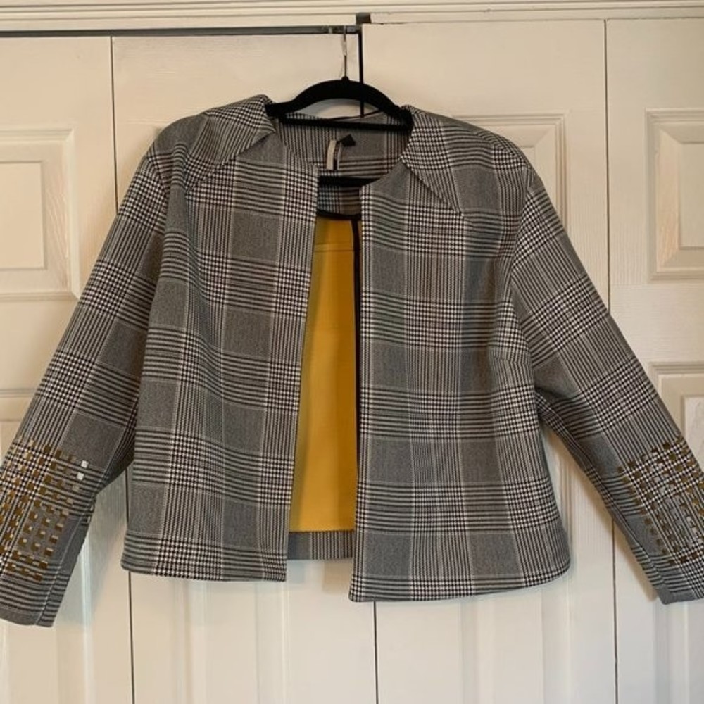 Topshop Womens Glen Check Plaid Black/White Open Blazer w/ Yellow Lining Size 10